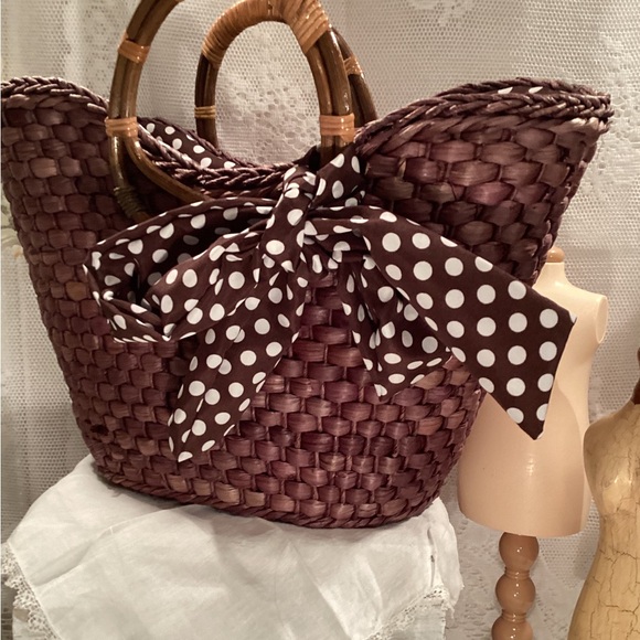 Straw Studios Woven Beach Tote Scalloped Top Sand Cover, Lined,Rattan Handle Lg - Picture 13 of 16